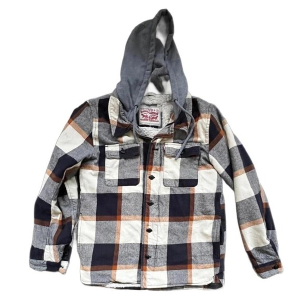 Levi Strauss & Co Hooded Flannel Jacket‎ Plaid Sherpa Lined Navy Orange Small